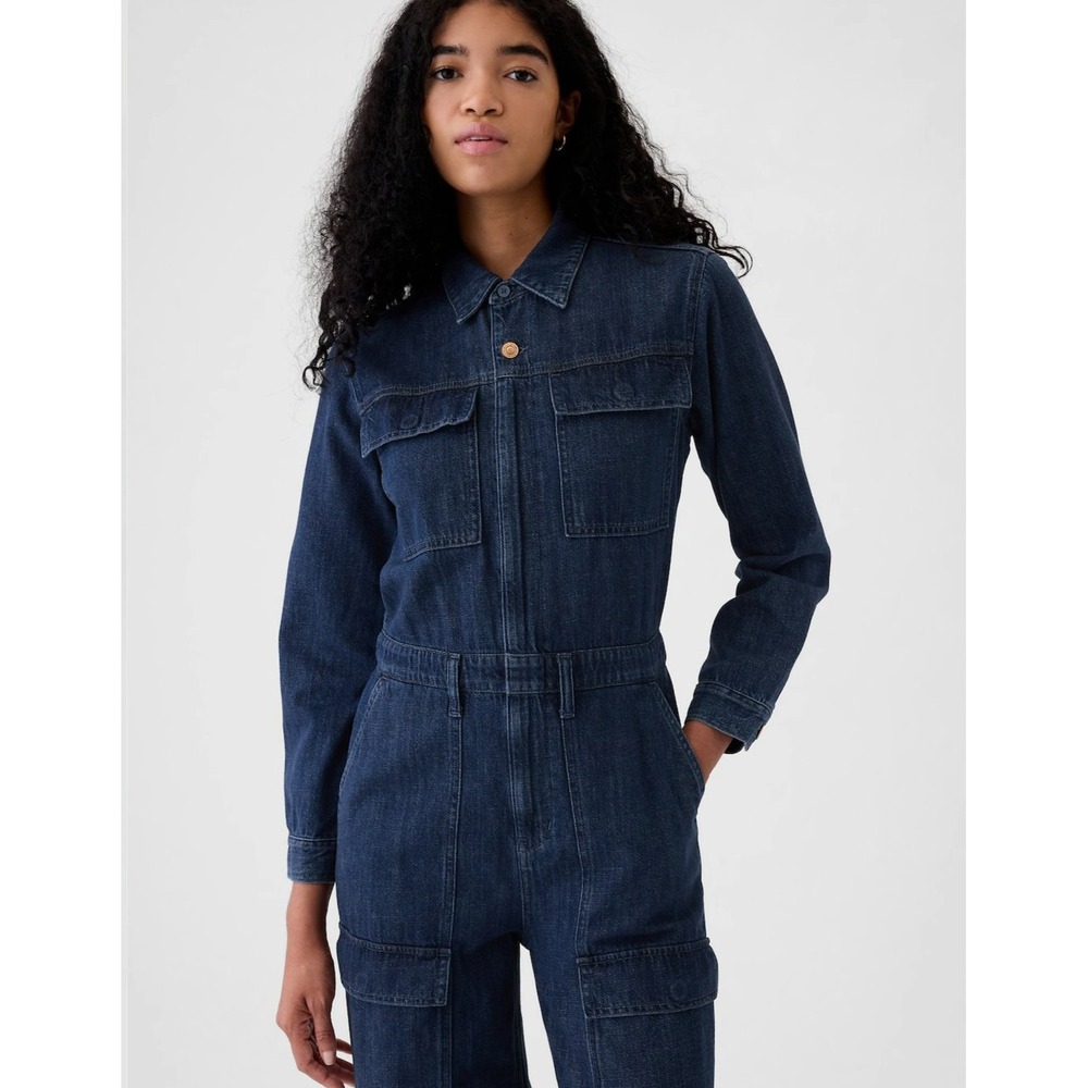 New Gap Jumpsuit Size 10 Denim Cargo Wide Leg Dark Blue Long Sleeve Full Zip NWT - Picture 4 of 16
